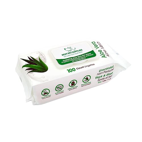 Best Pet Supplies 8" x 9" Pet Grooming Wipes for Dogs & Cats, 100 Pack, Plant-Based Deodorizer for Coats & Dry, Itchy, or Sensitive Skin, Clean Ears, Paws & Butt - Hydrating Aloe Vera (Unscented) - Hydrating Aloe Vera - 100 Count