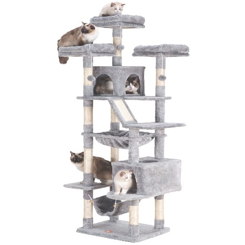 Heybly Cat Tree 73 inches XXL Large Cat Tower for Indoor Cats ,Multi-Level Cat Furniture Condo for Large Cats with Padded Plush Perch, Cozy Basket and Scratching Posts Light Gray HCT030W - Gray