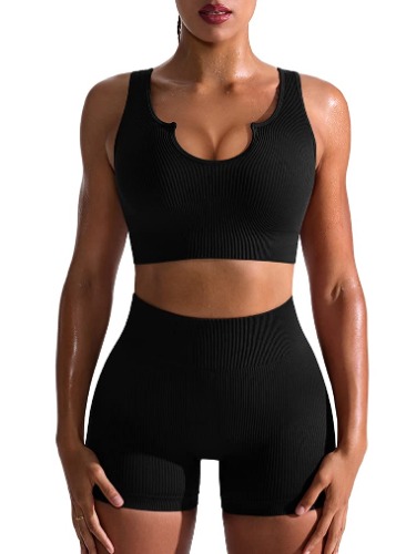 OQQ Workout Outfits for Women 2 Piece Seamless Ribbed High Waist Leggings with Sports Bra Exercise Set - Large - Black1