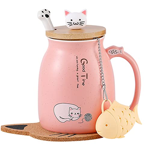 BigNoseDeer Cat Mug Cute Ceramic Coffee Mugs with Lovely Kitty Lid Cat Paw Spoon kawaii Coaster Novelty Tea Cup Pink Mug for Women Christmas Mug Mothers Day Gifts Birthday Gifts 380ML - Pink