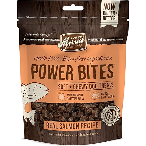 Merrick Power Bites Natural Soft And Chewy Real Meat Dog Treats, Grain Free Snack With Real Salmon Recipe - 6 oz. Bag - Salmon - 6 Ounce (Pack of 1)