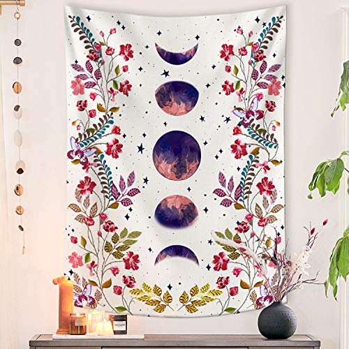 Lifeel Moonlit Garden Tapestry, Moon Phase Surrounded by Vines and Flowers White Wall Decor Tapestry 44×60 inches - White - 44.00" x 60.00"