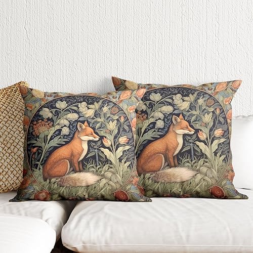William Morris Throw Pillow Covers 18x18 Inch Fox Gothic Animal Throw Pillows Covers for Couch Bed Dark Academia Moody Home Decor Vintage Orange Floral Botanical Sofa Cushion Covers Set of 2 - Orange Green - 18" x 18" (Pack of 2)