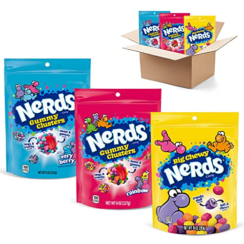 NERDS Gummy Clusters Variety Pack | Rainbow Gummy Clusters, Very Berry Gummy Clusters, Big Chewy Nerds | Individually Wrapped, Reclosable Bags of Candy | Pack of 3, (2) 8 oz Bags, (1) 10 oz Bag,3 count (Pack of 1) - Assorted - 3 count (Pack of 1)