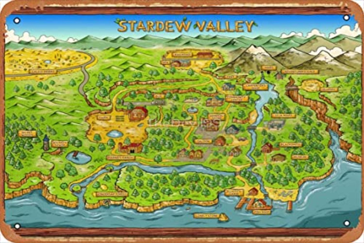 Yzixulet Stardew Valley Map Poster Vintage Retro Metal Sign 8x12 Inch Man Cave Home Wall Decor 8 x 12 Inch