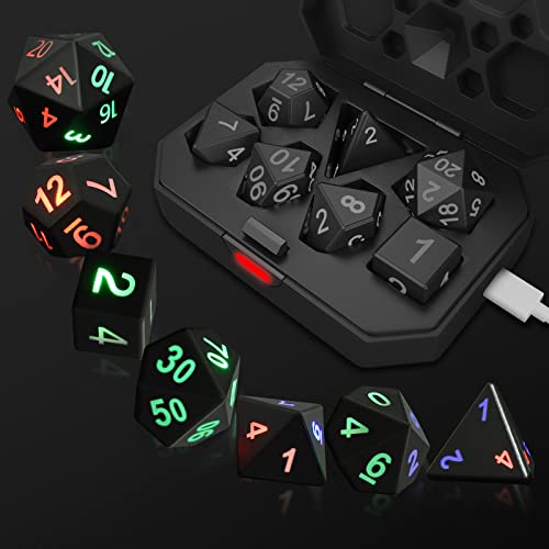 Light Up DND Dice for Dungeon and Dragons, 7 Pcs Glowing Polyhedral Dice Set with Charging Box, Rechargeable Electronic Dice, Luminous RPG LED Dice, Role Playing Table Games - Colorful Light