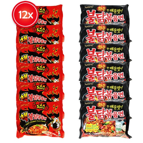 12 x Samyang Instant nudlar – Fire Noodle-set med het kyckling Flavour – 6 x Buldak Spicy och 6 x extra kryddiga