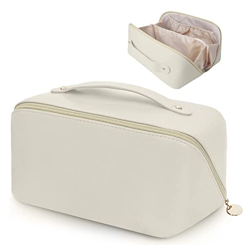 New Portable Cosmetic Bags Large-Capacity Travel Makeup Bag for Women, Waterproof PU Leather Makeup Organizer Bag with Dividers and Handle - White - White