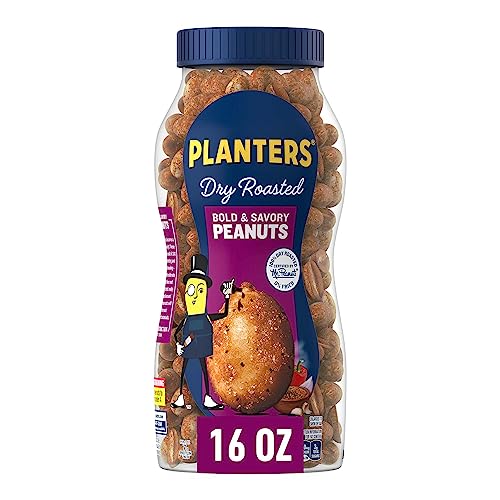 PLANTERS Dry Roasted Bold & Savory Peanuts, Party Snacks, Plant-Based Protein, 16 Oz Jar - Bold & Savory Dry Roasted - 16 oz