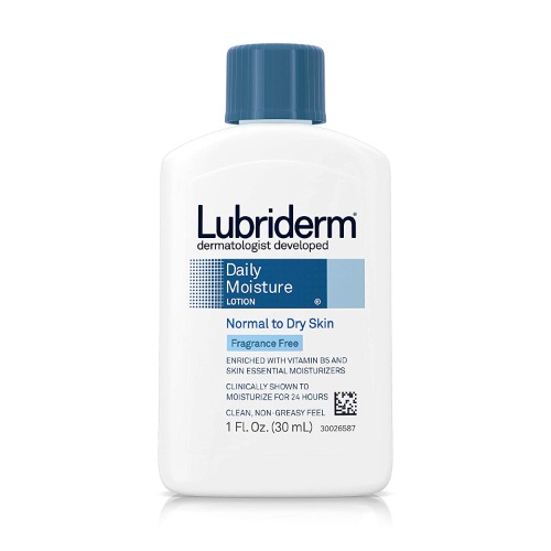 Lubriderm Daily Moisture Hydrating Unscented Body Lotion with Vitamin B5 for Normal to Dry Skin, Non-Greasy and Fragrance-Free Lotion. 1 fl. oz - 1 Fl Oz (Pack of 1)