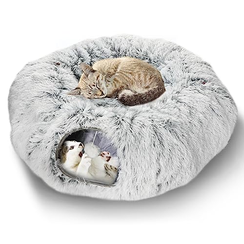 Lonepetu Plush Cat Tunnel Bed for Indoor Cats, Collapsible Cat Donut Tunnel with Central Mat, Fluffy Cat Cave Tube with Hanging Ball for Cat Kitten Rabbit Puppy Ferret - Grey