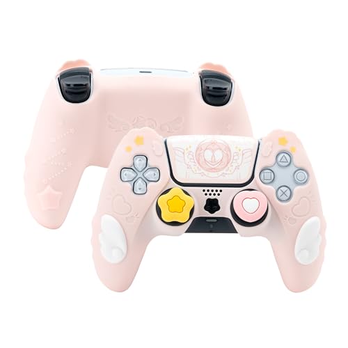 GeekShare PS5 Controller Skin Set,Anti-Slip Silicone Protective Cover Skin Case for Playstation 5 Wireless Controller with 2 Thumb Grip Caps and 2 Stickers - Star Wings Series (Pink) - Pink