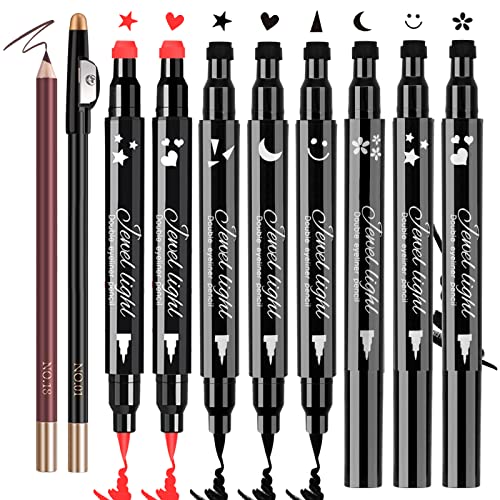 10 Pack Liquid Eyeliner Stamp Set with 8Pcs Eyeliner Stamp and 2Pcs Eyebrow Pencil, Waterproof Smudgeproof Eyeliner Long Lasting Eyeliner Pen (Heart/Flower/Moon/Star/Smiley /Triangle Seal Stamp) - 10PCS