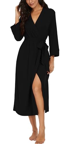 VINTATRE Women Kimono Robes Long Knit Bathrobe Lightweight Soft Knit Sleepwear V-neck Casual Ladies Loungewear - X-Large - A01 Black