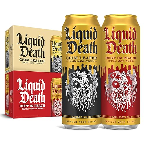 Liquid Death Peach & Grim Iced Black Tea Mixed Pack (16 x 19.2 oz King Size Cans) - Grim Leafer & Rest in Peach - 16 Pack