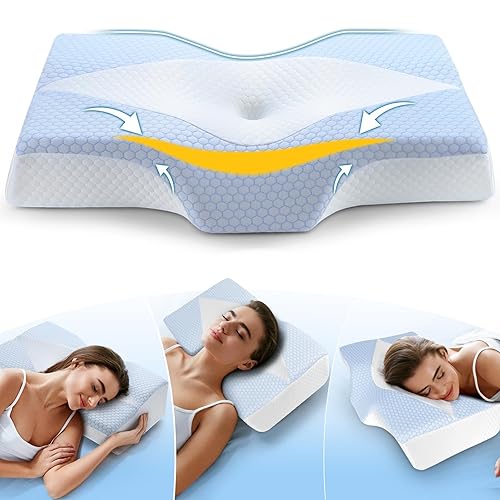 Mkicesky Cervical Support Pillow for Neck Pain Relief, Ergonomic Memory Foam Neck Pillow for Shoulder Pain, Orthopedic Contour Pillow for Sleeping Neck Support, Back Side Sleeper Pillow - Blue+white(ice Silk)