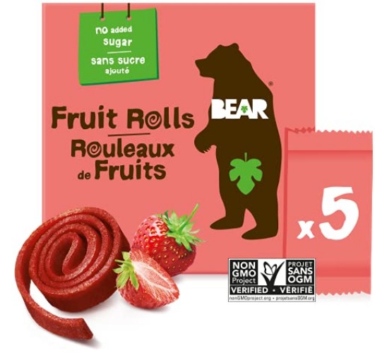 BEAR Fruit Rolls, 5 packs of 2 Rolls per Box - Healthy Fruit Snack, Strawberry Flavour, 100 gram - Strawberry