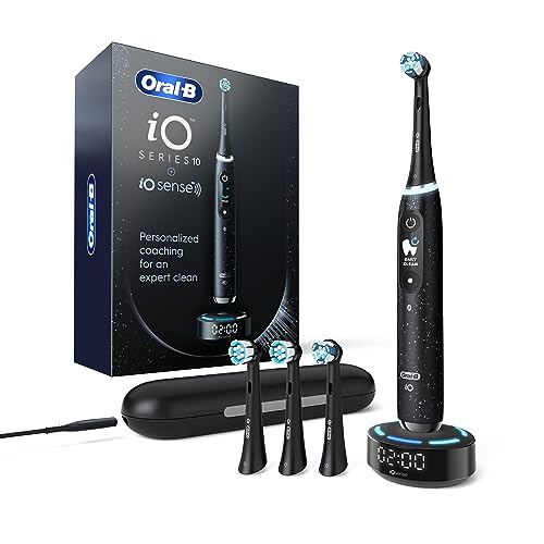 Oral-B iO Series 10 Rechargeable Electric Toothbrush, Cosmic Black with 4 Brush Heads, Travel Case and iO Sense Charger - Visible Pressure Sensor to Protect Gums – 7 Cleaning Modes - 2 Minute Timer - 1 count (Pack of 1) - Black