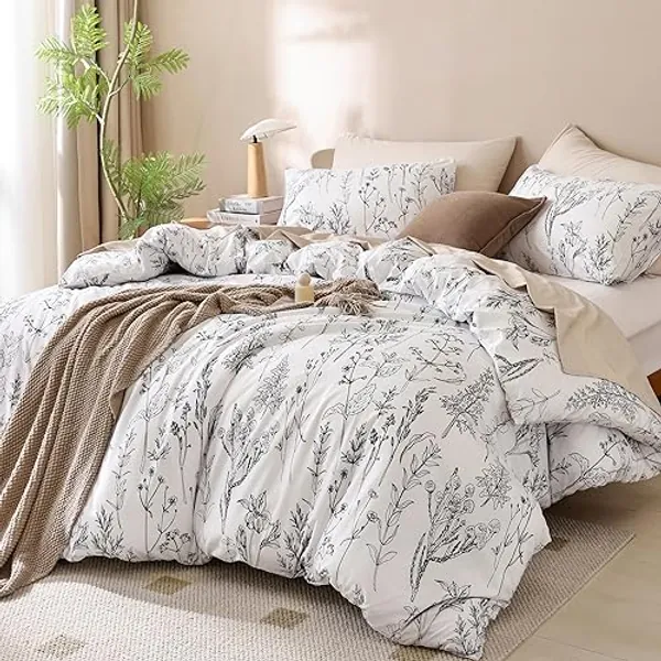 JANZAA Queen Comforter Set White Comforter Floral Bedding Sets 3 Pieces Flowers Bed Comforter 1 Soft Reversible Cute Botanical with 2 Pillow Shams - White - Queen