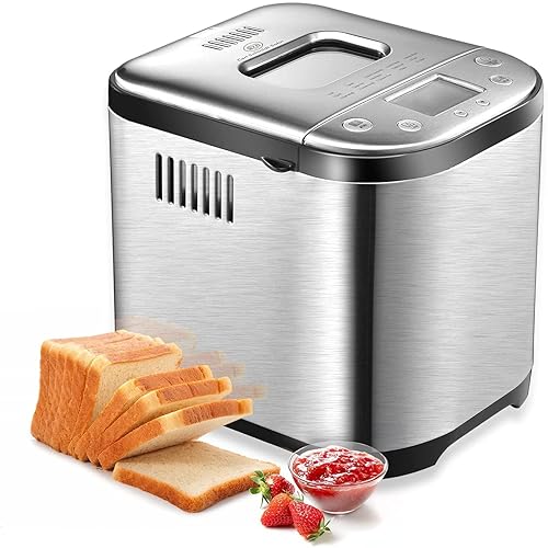 Bread Machine - CSS Stainless Steel Bread Maker, 2LB, 15in1 Programmable Bread Maker with LCD Screen, 1 Hour Keep Warm, Clear Recipes, Nonstick Ceramic, Memory Function, 3 Loaf Sizes for Home Bakery …
