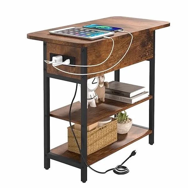 Yoobure End Table with Charging Station, Flip Top Side Table with USB Ports and Outlets, Sofa Couch Table Bedside Table for Living Room Bedroom, Narrow Nightstand with Storage Shelves for Small Space - Berry Brown
