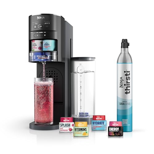 Ninja WC1001 Thirsti Drink System makes Sparkling & Still, 6 24-oz Sizes, Includes 60L CO2 Cylinder & 8 Flavored Water Drops, Black, 13.976 x 13.976 x 16