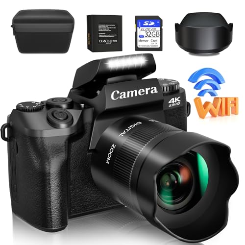 Saneen Digital Camera, 4k Cameras for Photography & Video, 64MP WiFi Touch Screen Vlogging Camera for YouTube with Flash, 32GB SD Card, Lens Hood, 3000mAH Battery, Front and Rear Cameras - Black - 4K & 64MP -Black