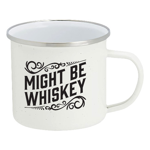 Enamel Camping Coffee Mug "Might Be Whiskey" Large Tin Cup 16 Ounce (Speckled White) - White