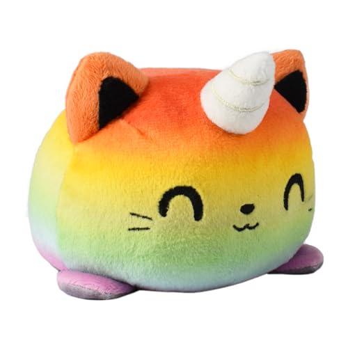 TeeTurtle - The Original Reversible Cat Plushie - Rainbow Kittencorn + Gray Tabby - Cute Sensory Fidget Stuffed Animals That Show Your Mood - Tabby Cat + Rainbow Kittencorn