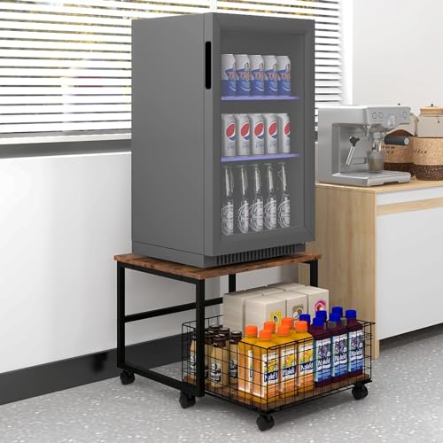 PUNCIA Mobile Mini Fridge Stand with Large Capacity Storage Portable Refrigerator Table with 4 Lockable Wheels Appliance Platform Table with Drawer Basket Rolling Fridge Cart for Home - with Storage - Retro