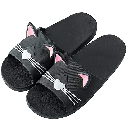 Acfoda Kinder Mädchen Jungen Sommer Hausschuhe mit Katze Damen Herren Weiche rutschfest Pantoletten, Gr.23-44 - 39/40 EU - Schwarz