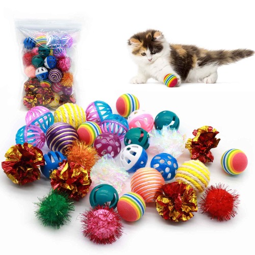 LASOCUHOO Cat Toys, Kitten Cat Ball Toys Assortments, Including Rainbow Ball, Crinkle Ball, Sparkle Ball, Bell Balls, Sisal Ball, Linen Ball for Cats and Kitten 30 PCS - 