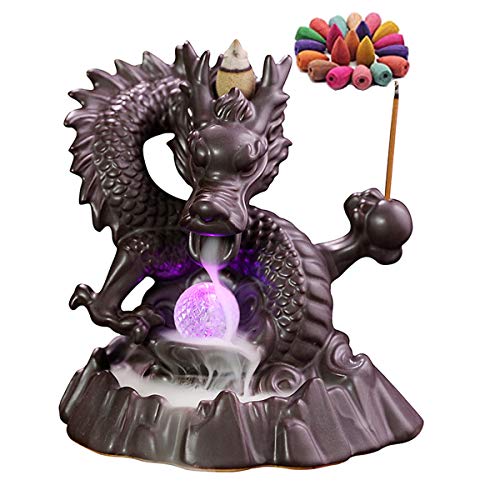 Porte-encens Brûleur D'encens en Céramique Brûle-encens à Refoulement Home Dragon Porte-encens avec 20 cônes d'encens pour Maison Bureau Chambre à Coucher Yoga (Brûle-encens à Refoulement)