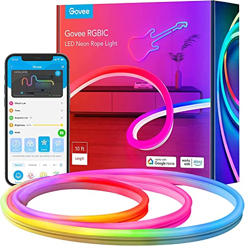 Govee Neon LED Strip 3m, RGBIC Neon LED Streifen mit App-Steuerung, DIY-Funktion, Musik Sync, funktioniert mit Alexa und Google Assistant, Neon Lichtband für Wohnzimmer, Schlafzimmer, Wand Deko - 3M