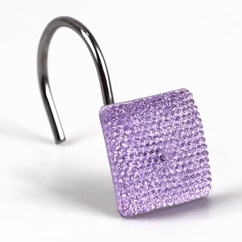 Purple Shower Curtain Hooks Rings: Lavender Bling Glitter Sparkle Shiny Square Crystal Diamond Decorative Shower Curtain Hooks for Christmas & Holidays - Fancy Glam Shower Curtain Hangers - Set of 12 - Purple