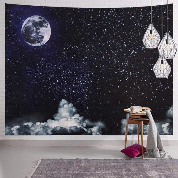 SENYYI Moon Stars Wall Tapestry Wall Hanging Outer Space and Galaxy Tapestry Night Sky with White Cloud Home Decor for Room (51.2 x 59.1 inches) - Black White 51.2" x 59.1"