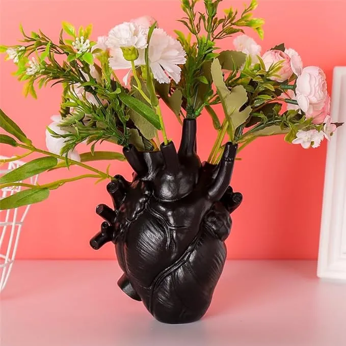 CURTEK Decorative Heart Art Resin Vase - 6.3 x 4.3 Inch Human Heart Shaped Statue for Home Decor Craft Ornaments Creative Gift (Black) - Black