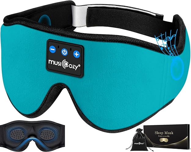 MUSICOZY Sleep Headphones 3D Bluetooth 5.2 Headband Sleep Mask, Wireless Sleeping Headphones Music Earbuds Eye Mask for Side Sleepers Travel with Speakers Cool Gadgets Gifts - Blue