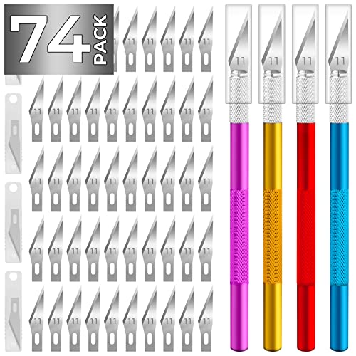 JTIEO 74 Pack Hobby Knife Exacto Knife with 4 Upgrade Sharp Hobby Knives and 70 Spare Craft Knife Blades for Art, Scrapbooking,Stencil - Colorful