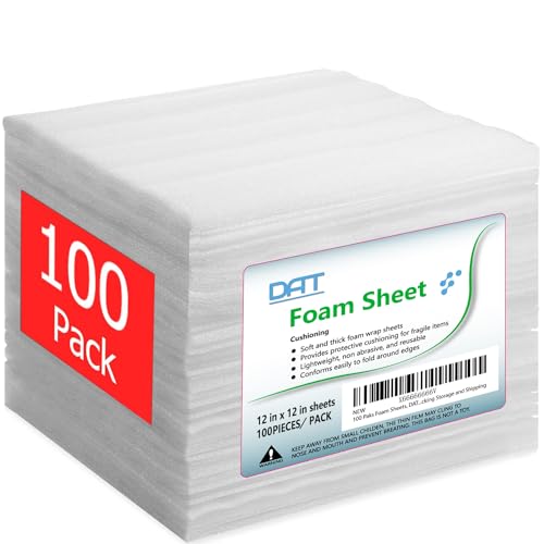 100 Pack Foam Sheets, DAT 12" x 12", 1/16" Thickness, Foam Wrap Cushioning Material, Moving Supplies for Packing Storage and Shipping - 100 pack 1/16"