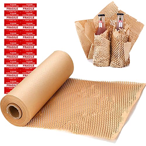 onesimcr Honeycomb Packing Paper Wrap 15"x131' Sustainable Alternative to Bubble Wrap for Moving/shipping/packing Roll with 20 Fragile Sticker Biodegradable & Fully Recylable… - Original wood color