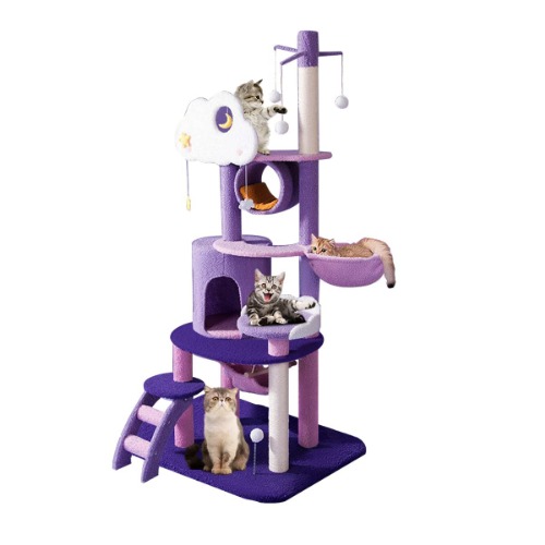 Multi-Level Cat Tower, Cute Purple Cat Tree for Large Cats 67 Inches Cat Condos for Indoor Cats Kitten House with Scratching Posts & Hammock, Pet Cat Castle with Comfortable Plush - 