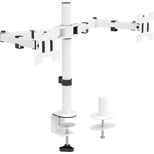 WALI Dual LCD Monitor Fully Adjustable Desk Mount Stand Fits 2 Screens up to 27 inch, 22 lbs. Weight Capacity per Arm (M002-W), White - White