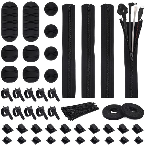 146pcs Cable Management Organizer Kit - 4 Cable Sleeve with Zipper,20 Self-adhesive Cable Ties,10 Cable Clips,10 Cable Straps,2 Rolls of Self Adhesive Ties,100 Fastening Cable Zip Ties for Office/Home - 