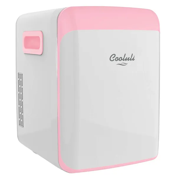 Cooluli 15L Mini Fridge for Bedroom - Car, Office Desk & College Dorm Room - 12V Portable Cooler & Warmer for Food, Drinks, Skin Care, Beauty, Makeup & Cosmetics - AC/DC Small Refrigerator (Pink)
