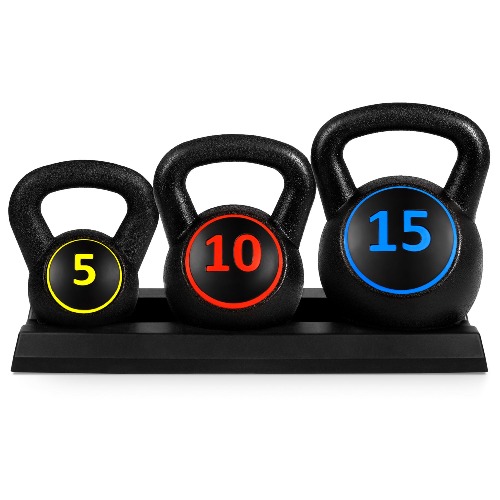 3-Piece Kettlebell Exercise Fitness Weight Set w/ Storage Rack | Black