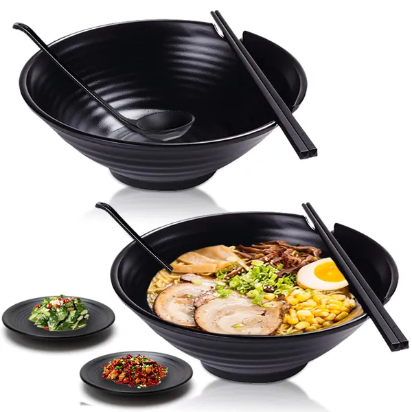 Unbreakable Japanese Style Ramen Bowl Set of 2, Vivimee 37oz Black Large Ramen Bowls and Spoons Set with Chopsticks & Saucers for Pho Thai Miso Udon Soup Noodles or Asian Food, Matte Melamine Bowls