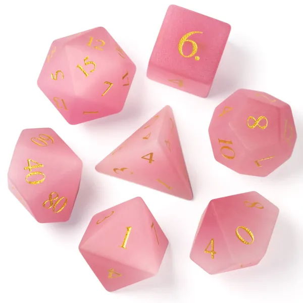 UDIXI Natural Gemstone Dice Set, 7PCS Crystal DND Dice for Dungeons and Dragons, Handmade Stone Dice for MTG Table Games(Pink Cat's Eye) - Pink Cat's Eye