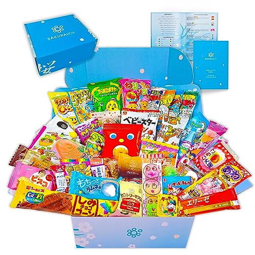 Sakura Box Japanese Candy & Snacks Dagashi Set & Pamphlet 50 Pieces Japanese Food Gift Box