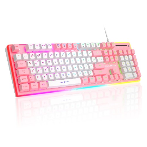 Pinke Gaming-Tastatur, niedliche gebürstete Aluminium-Panel-Rand, RGB-Hintergrundbeleuchtung mit wasserdichter Gaming-Tastatur mit PBT-Tastenkappen für Windows, Laptop, PS4, UK-Layout (weiß und rosa) - weiß / pink